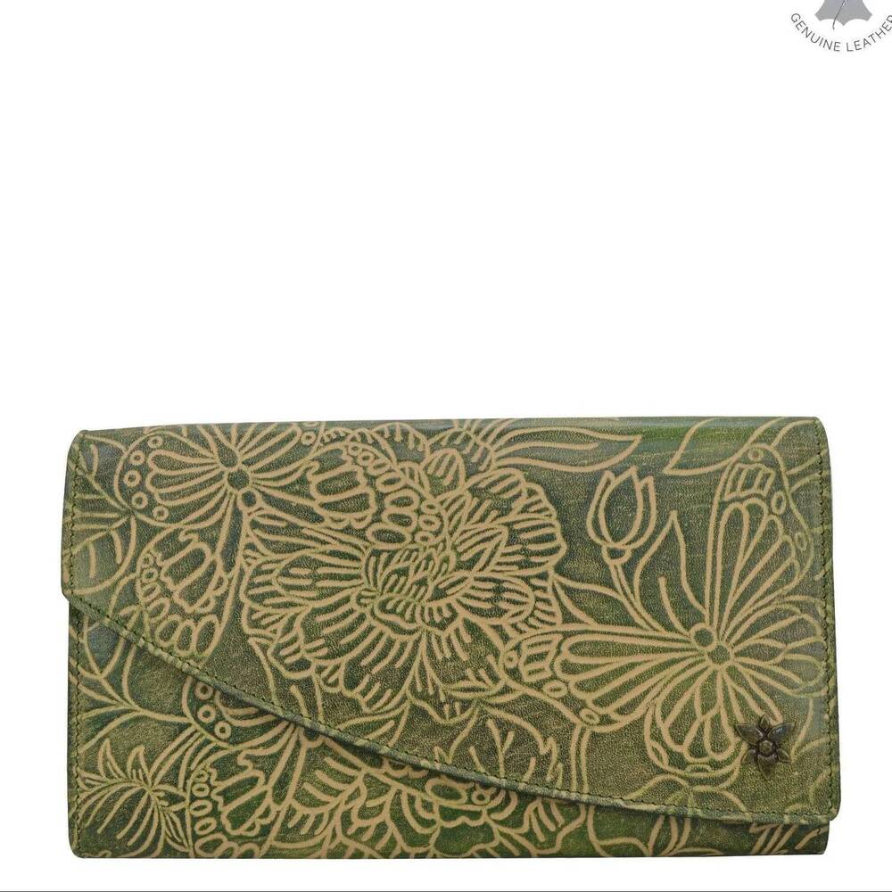 NEW ANUSCHKA women's accordion flap wallet in tooled butterfly jade